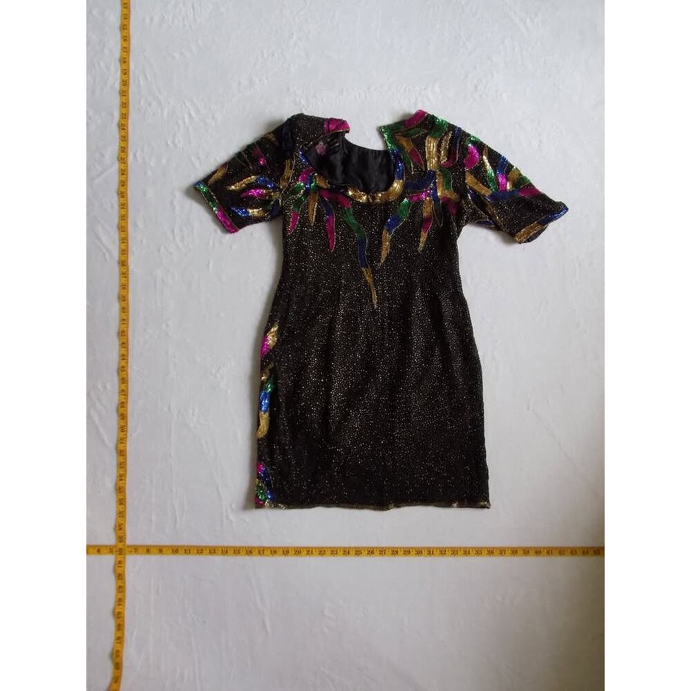 Precious Moments Vintage Silk Sequin Beaded Dress Black Gold Colorful Cocktail L